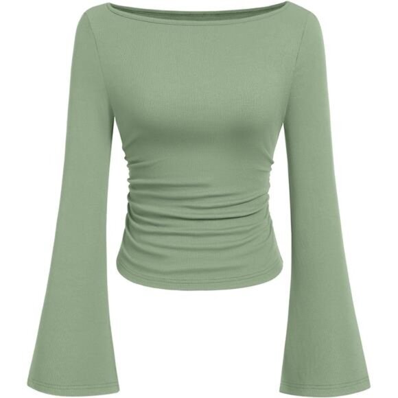 Women's Long Sleeve Shirts Crop Tops Green - Picture 1 of 6